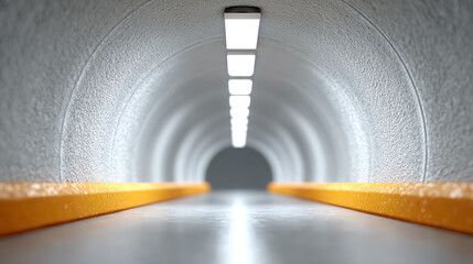 Aufkleber - An empty tunnel featuring illuminated ceiling lights, creating a sense of depth and perspective in a modern architectural setting.