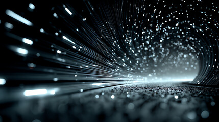 Poster - This abstract image depicts a futuristic tunnel with luminous particles traveling at high speed, creating a sense of motion and depth.