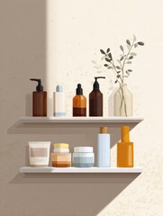Poster - Minimalist Skincare Routine Displayed on a Clean Shelf With an Elegant Arrangement of Products and a Touch of Greenery for a Fresh Ambiance