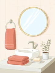 Poster - Clean and Serene Bathroom Setting With Neatly Arranged Towels, Soap, and a Bright Mirror Reflecting a Calming Atmosphere