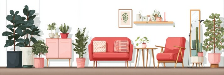 Poster - Bright Scandinavian Interior Design Featuring Plants and Stylish Furniture in a Modern Living Space