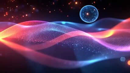 Wall Mural - Abstract digital particle wave and orb motion background with vibrant colorful lights