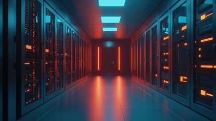 Poster - Red and blue illuminated data center with rows of modern server cabinets, emphasizing advanced technology, digital storage, and high-performance infrastructure