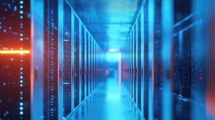Poster - Bright data center hallway with glowing blue and orange lights reflecting off mirrored server panels, representing secure and modern digital infrastructure