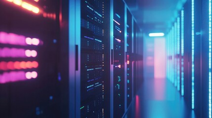 Poster - Futuristic data center interior with glowing LED lights, showing rows of high-performance servers in a neon-lit environment, ideal for technology or cloud infrastructure themes
