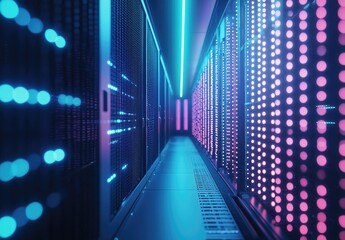 Poster - Digital server corridor with vivid pink and blue LED lights, showcasing modern data infrastructure in a high-tech, futuristic hallway optimized for online systems