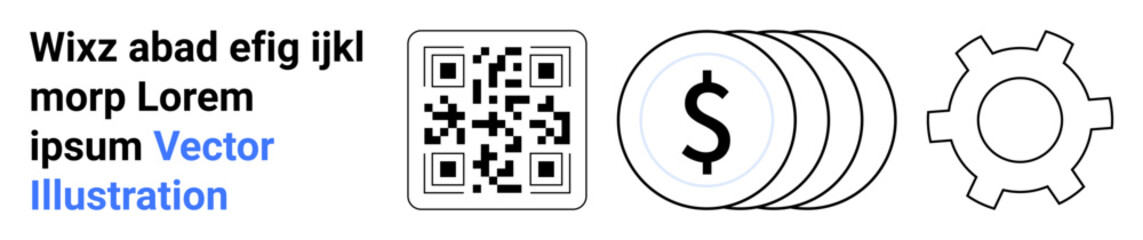 QR code next to dollar coins and gear outline representing financial technology, digital transactions, system integration. Ideal for fintech, payments, automation, business, tech settings, app