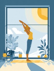 Aufkleber - Morning Sun Inspires Stretching Exercise by the Window With Plants and Soft Light Illuminating the Space