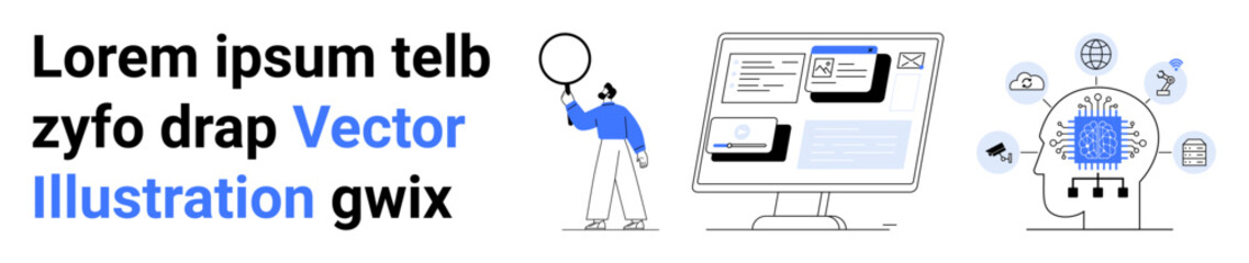 User analyzing interface on computer monitor, AI head with neural connections, and abstract communication icons. Ideal for technology, innovation, AI, data analysis, networking, future simple