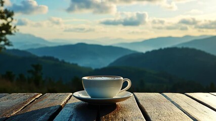 Wall Mural - Coffee on a rustic table with a breathtaking view of green hills under a sunny sky, A Cup of Coffee on a Table with a View of Hills and Mountains in Summer ing Time-lapse Video