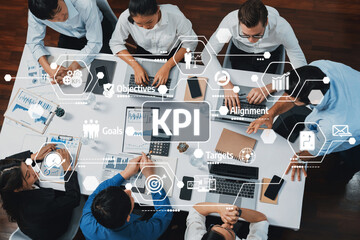 Aufkleber - A dynamic business meeting focused on key performance indicators (KPI), showcasing a team engaged in strategic discussions, data analysis, and goal setting. Amity