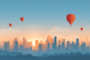 Aufkleber - City Skyline Illuminated by Sunrise With Hot Air Balloons Gently Rising in the Background