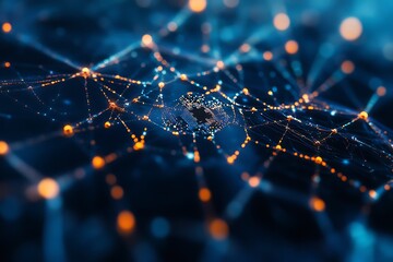 Hyper-detailed neural web composed of translucent glowing threads and microchips, deep blue background 