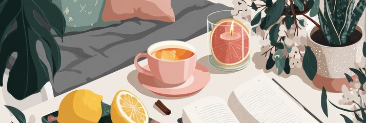 Poster - Morning Wellness Routine With Tea Candle and Book on Cozy Table