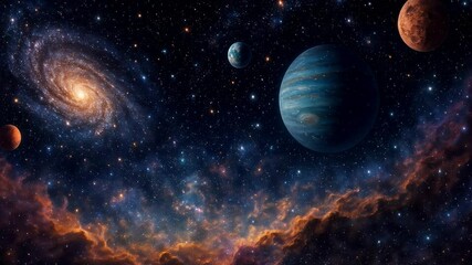 Wall Mural - a cosmic video scene showcasing planets and galaxies from a wide-angle perspective, highlighting the