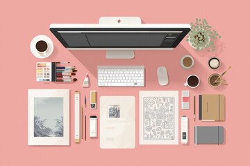 Fototapete - Creative Portfolio Design Process Illustrated on a Desk With Art Tools and Layout Software in a Bright Workspace