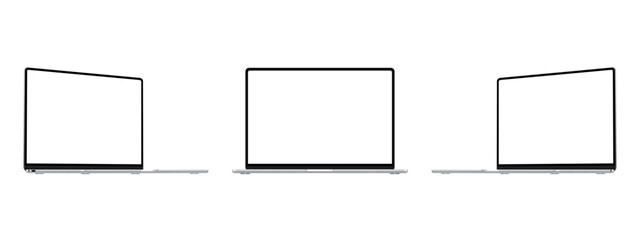 Wall Mural - silver laptops mockups with blank screens, front and side perspective view, isolated on white backgr