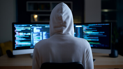Anonymous hacker in white hoodie facing computer monitors filled with code in a dimly lit room.  
