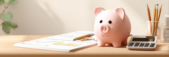 Leinwandbilder - Piggy Bank Sits Beside Financial Planner and Calculator on Wooden Desk in Bright Workspace