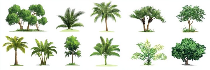 Set of Isolated Palm Tree Silhouettes on Bright Background for Architectural Design and Landscaping Projects