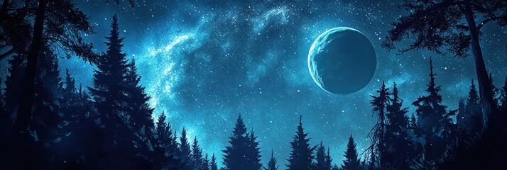 Wall Mural - Celestial Nightscape: Milky Way and Moon Illuminating a Mystical Forest with Starry Sky and Silhouetted Trees