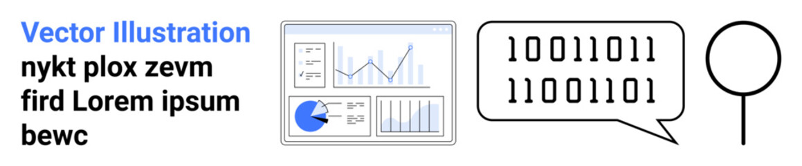 Analytics dashboard with charts, binary code in speech bubble, abstract magnifying glass. Ideal for data analysis, technology, coding, communication, research, business simple landing page