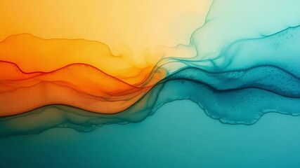 Abstract fluid art with orange and blue blending in a wavy pattern on a light background