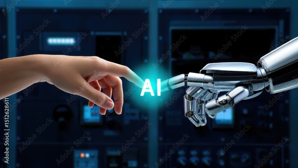 Human finger touches a robot hand with glowing AI letters in between ...
