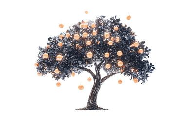 Wall Mural - Surreal metallic tree with floating luminous elements glowing softly in an ethereal futuristic environment isolated on transparent background PNG