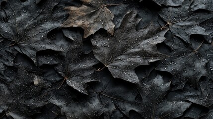 Poster - Close up of black leaves with raindrops on them. The leaves are arranged in a way that creates a sense of depth and texture. The image evokes a feeling of tranquility and calmness