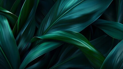 Poster - Close up of green leaves with a dark background. The leaves are very thick and the background is dark