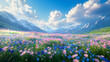 © john - Wonderful fantasy landscape field full of spring with flowers field, beautiful sky, anime style color, digital art painting background. 3D rendering
