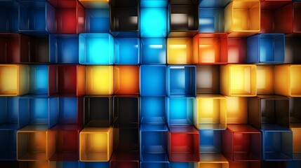 Aufkleber - Vibrant and colorful wall made up of various colored cubes, with a blue square in the center. The wall is a unique and eye-catching design, with the blue square serving as a focal point
