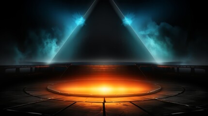 Poster - Dark room with a large pyramid in the center. The pyramid is lit up with blue lights