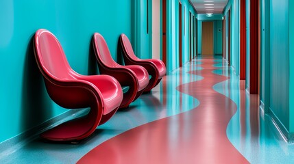 Aufkleber - Hallway with three red chairs and a blue wall. The chairs are arranged in a row, and the hallway is long and narrow. The chairs are positioned in a way that they face the same direction