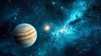 Aufkleber - Large planet is in the middle of a starry sky. The sky is blue and filled with stars