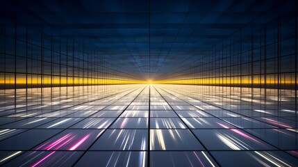 Poster - Large room with a blue background and a yellow sun in the middle. The sun is reflected in the floor tiles, creating a sense of depth and movement