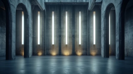Fototapete - Large, empty room with a few lights on the walls. The room is very dark and empty, with only a few lights on the walls. Scene is somber and quiet, with the empty space
