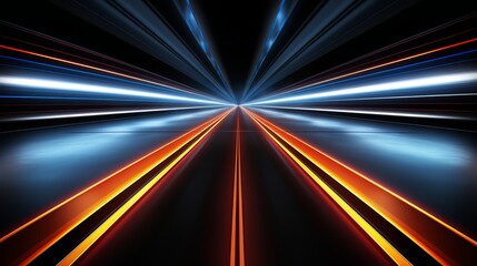 Leinwandbilder - Long road with orange and blue lights. The lights are on in a way that they are not evenly spaced out