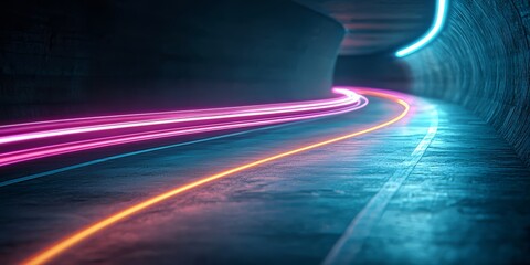 Fototapete - Neon colored road with a bright blue sky in the background. The road is illuminated with neon lights, creating a sense of movement and energy