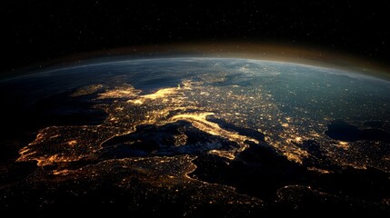 Wall Mural - the planet earth globe is visible from space in a panoramic view, complete with glowing city lights 