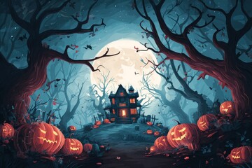 Wall Mural - the ai-generated halloween scene includes a jack lantern pumpkin head with burning candles, a full m