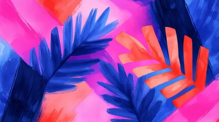 Poster - Painting of a leafy green plant with a pink and blue background. The painting has a tropical feel to it