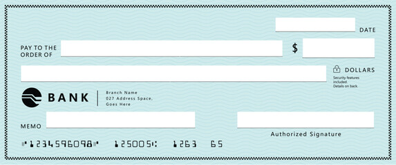 Wall Mural - bank check, vector blank money cheque, checkbook template with guilloche pattern and fields. currenc