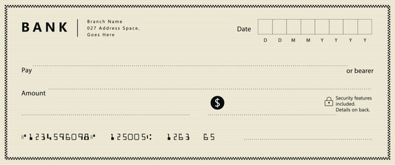 Wall Mural - bank check, vector blank money cheque, checkbook template with guilloche pattern and fields. currenc