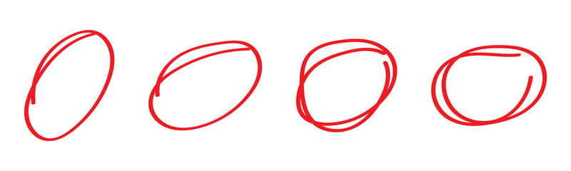 Red circle line hand drawn set. Highlight mark hand drawing circle isolated on white background. Handwritten red oval circle. For marking text, note, mark icon, vector. Vector illustration. 