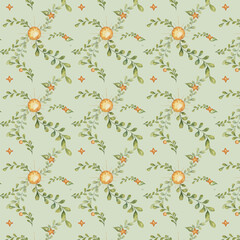 Pattern on a light green background with watercolor yellow sunny and greenish branches. 