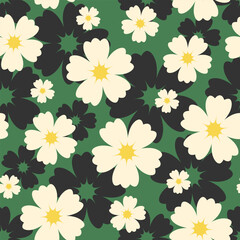 Wall Mural - White and yellow stylized flowers on green and black background. Vector seamless pattern. 