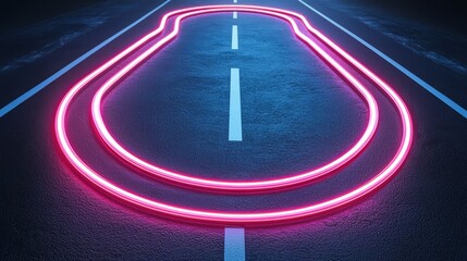 Fototapete - Road with two red lines on it. The road is dark and the lines are bright. Scene is mysterious and intriguing