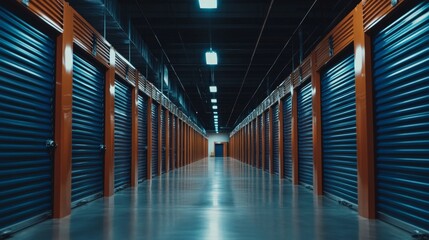 The long corridor has teal and orange doors, bright lighting, and a floor with a reflective surface